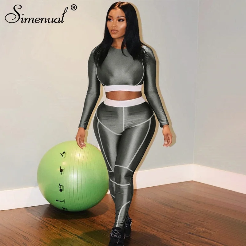 Simenual Fitness Sporty Active Wear Tracksuits Women Casual Fashion Workout 2 Piece Sets Long Sleeve Top And Leggings Set Solid Comfortable Capri-Length Leggings Simenual Fitness Sporty Active Wear Tracksuits Women Casual Fashion Workout 2 Piece Sets Long Sleeve Top And Leggings Set Solid Comfortable Capri-Length Leggings