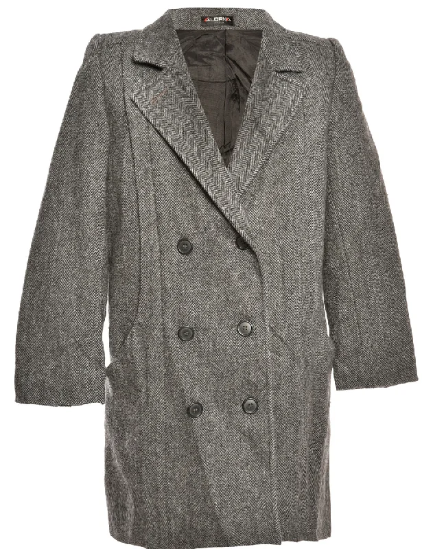 Herringbone Wool Coat - M Hook-and-Loop Buckled Tied