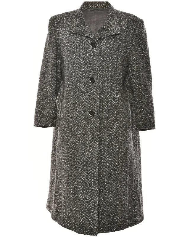 Single-Breasted Black & Grey Textured Coat - L Rayon Velvet Corduroy