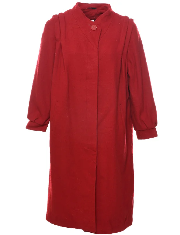 Red Wool Coat - L Hook-and-Loop Buckled Tied