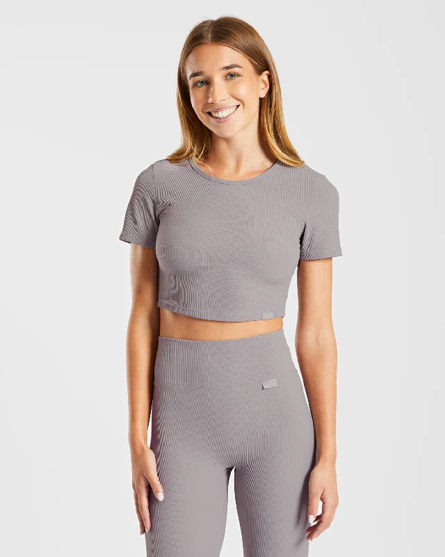 Sculpt Ribbed Crop Top - Fog Grey Silk Blend Satin Velvet