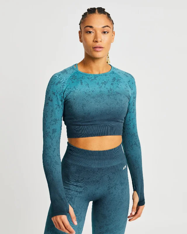 Flare Seamless Long Sleeve Crop Top - Teal Embroidered Appliqued Beaded