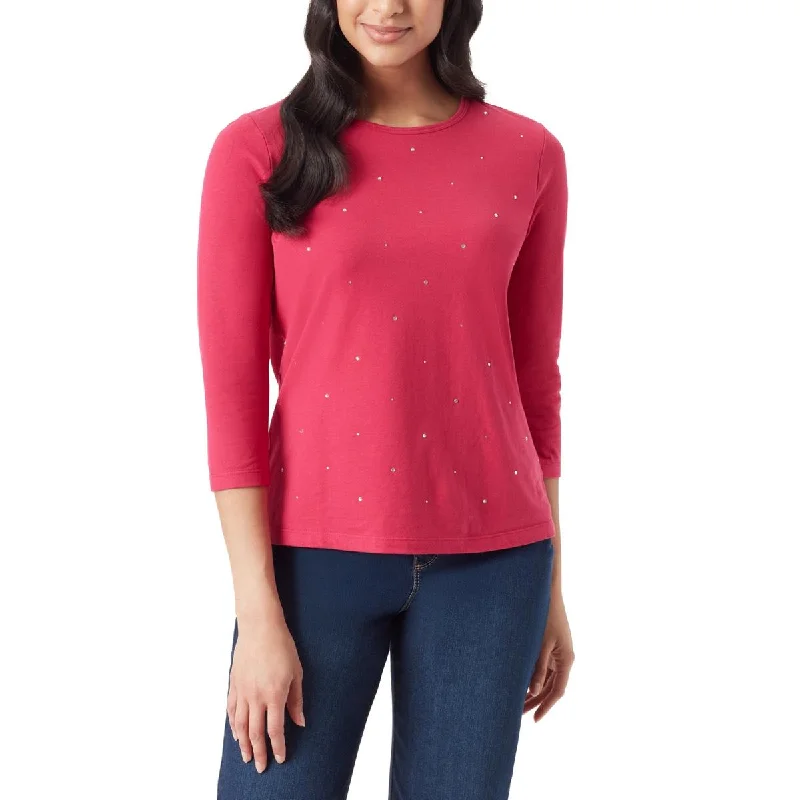 Gloria Vanderbilt Womens    Rhinestones Casual Wear Pullover Top Ruffled Neck Pullover