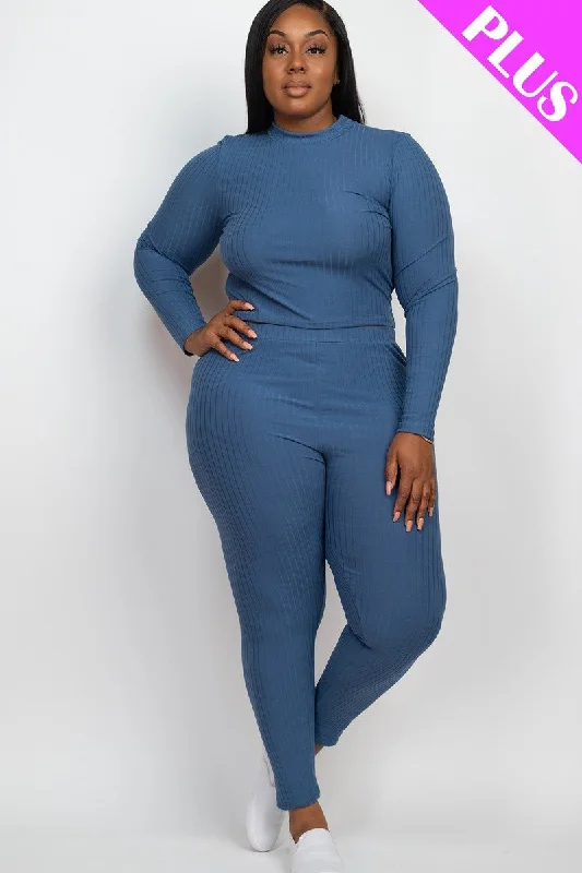 Plus Ribbed Mock Neck Long Sleeve Top & Leggings Set Comfortable Wide-Band Leggings