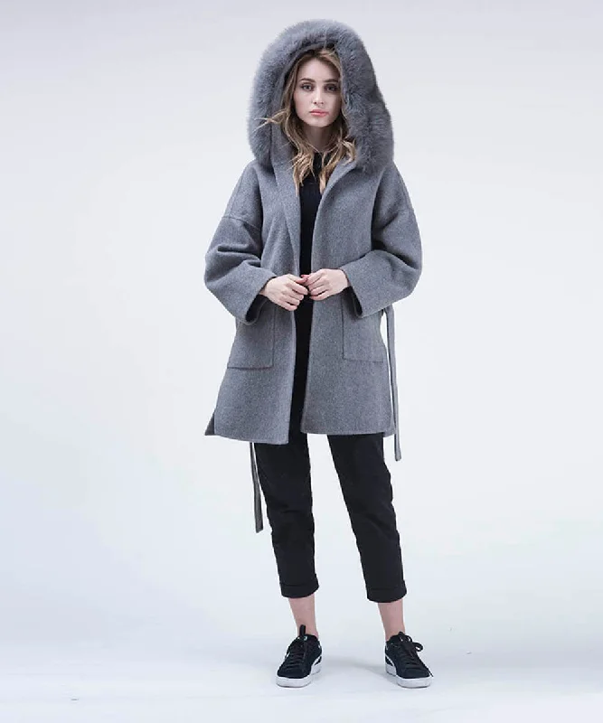 Cashmere Wool Fox Fur Coat - Women Pockets Sleeves Lining