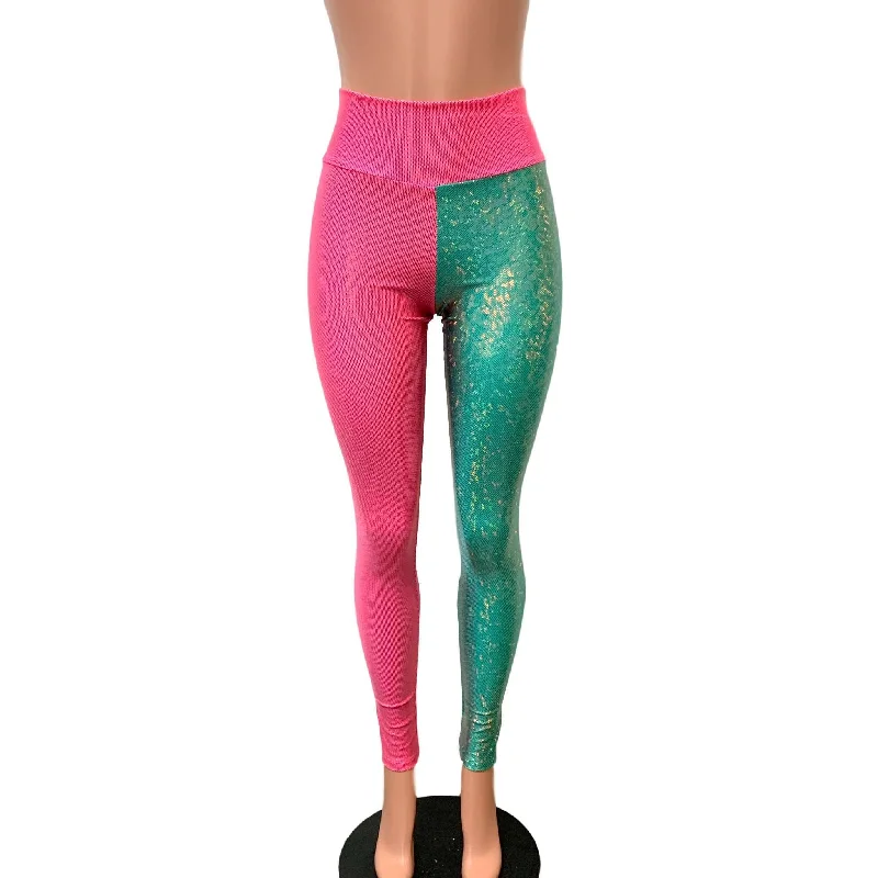 Holographic Colorblock Leggings - Pink and Jade Shattered Glass Trendy Foil Finish Leggings Holographic Colorblock Leggings - Pink and Jade Shattered Glass Trendy Foil Finish Leggings