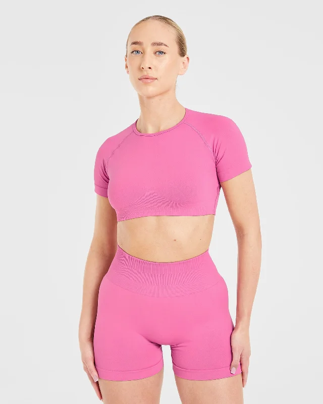 Power Seamless Crop Top - Pink Chenille Brocade Lace
