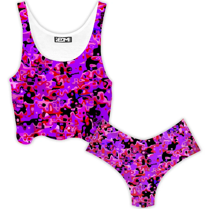Purple Red and Black Rave Camo Melt Crop Top and Booty Shorts Combo Collared Crew Neck Turtle Neck Purple Red and Black Rave Camo Melt Crop Top and Booty Shorts Combo Collared Crew Neck Turtle Neck