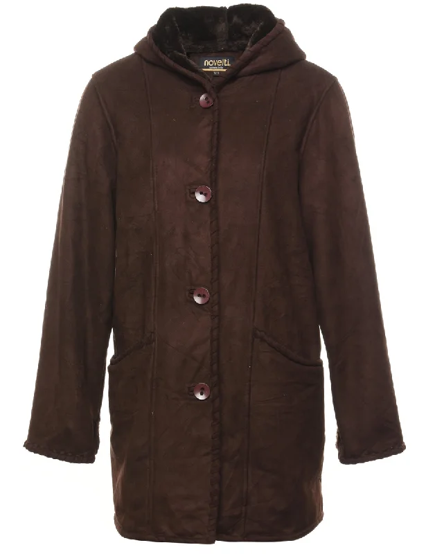 Dark Brown Suede Hooded Coat - M Herringbone Houndstooth Plaid