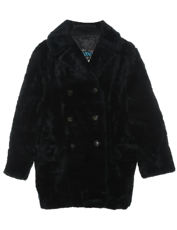 Double Breasted Classic Black Faux Fur Coat - L Kimono Robe Cloak