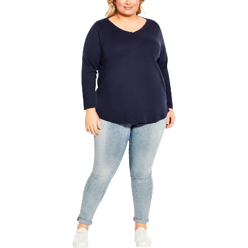 Avenue Womens Plus Cotton V Neck Pullover Top Asymmetrical Neck Pullover