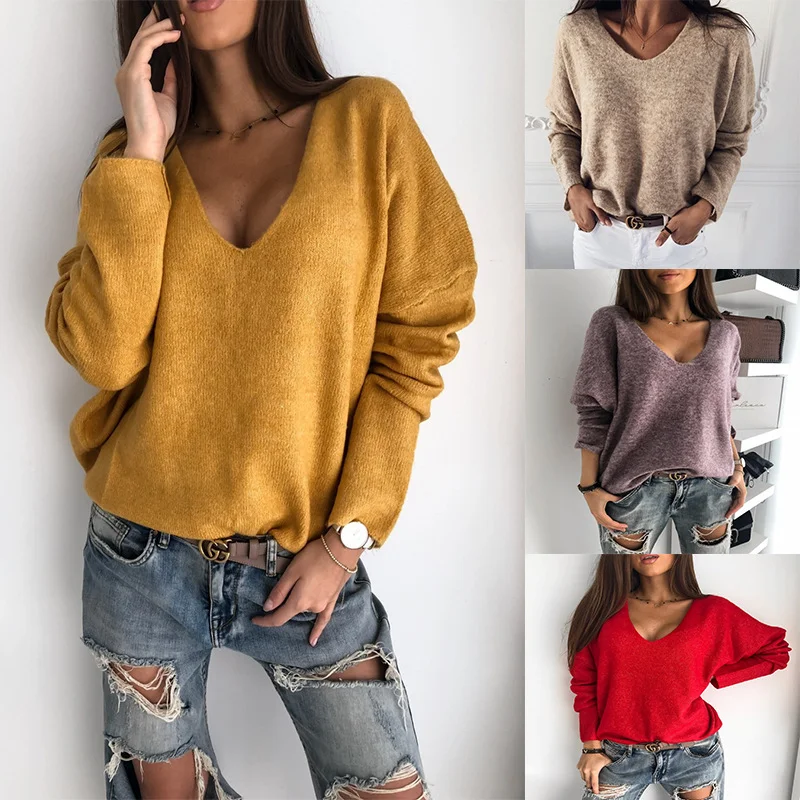 Women Fashion Casual Simple Solid Color V-Neck Pullover Knitted Sweater Square Neck Pullover