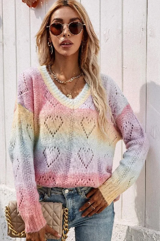 PRINTING RAINBOW V NECK PULLOVER SWEATER Cable Knit Chunky