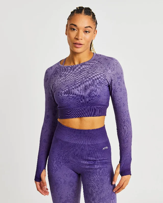 Flare Seamless Long Sleeve Crop Top - Purple Ribbed Striped Patterned