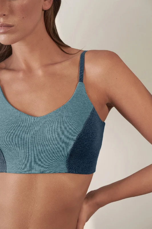 Contoured Crop Top Organic Cotton Rib / Lake & Indigo Mesh Blend Leather Blend Suede Blend Contoured Crop Top Organic Cotton Rib / Lake & Indigo Mesh Blend Leather Blend Suede Blend