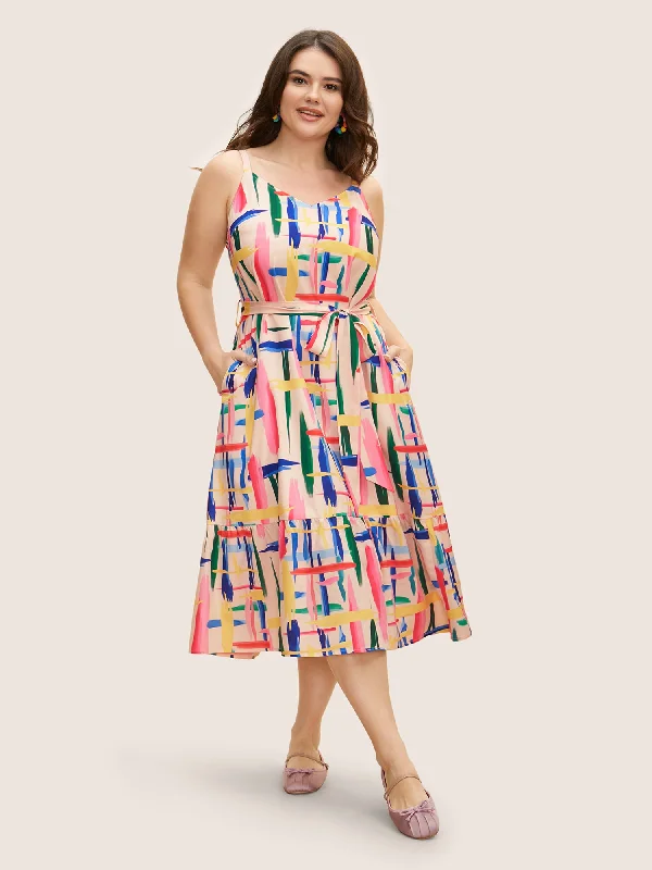 Colored Brush Print Belted Midi Cami Dress Trendy Smocked Detail Midi Dress