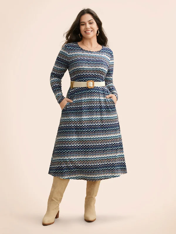 Contrast Striped Crew Neck Midi Knit Dress Trendy Fit-and-Flare Midi Dress