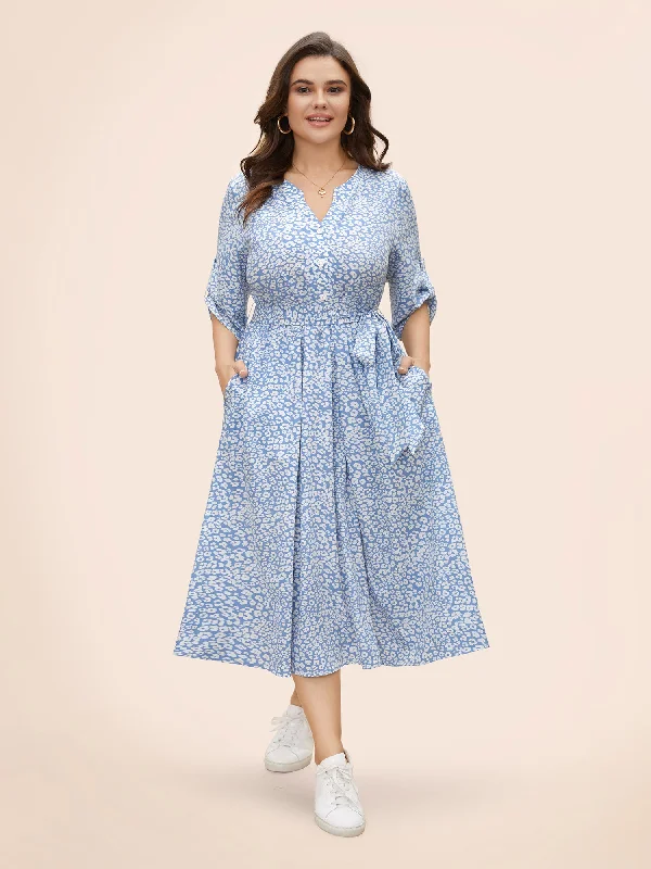 Daisy Print Midi Tab Sleeve Dress Trendy Off-Shoulder Button Midi Dress
