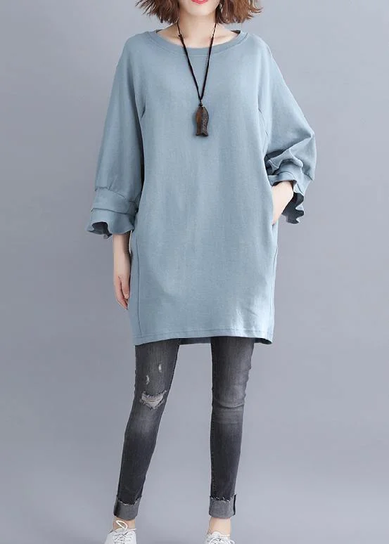 DIY light blue cotton tunic pattern o neck half sleeve Midi summer Dress Comfortable Draped Midi Dress