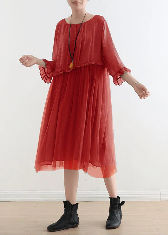 Elegant Red Tulle Patchwork Midi Summer Dress 2023 New Stylish Vintage Midi Dress
