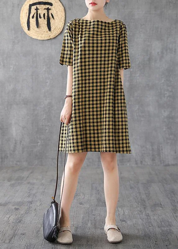 Elegant yellow plaid linen Tunics o neck half sleeve Midi summer Dress Comfortable Sleeveless Midi Dress Elegant yellow plaid linen Tunics o neck half sleeve Midi summer Dress Comfortable Sleeveless Midi Dress