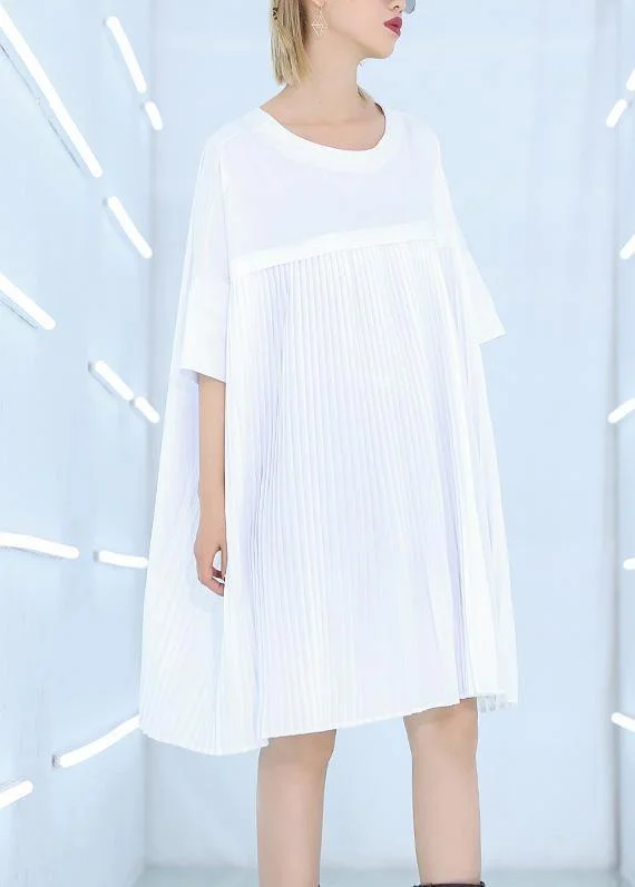 French white Cotton dresses Fine Work Outfits o neck Cinched Midi Summer Dress Fashionable Chiffon Midi Dress