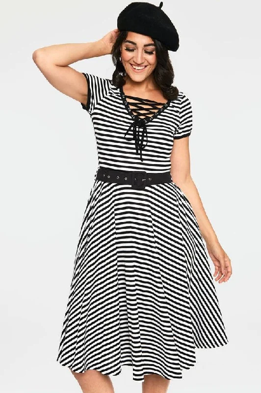 Houdini Black & White Stripe Midi Skater Dress Fashionable A-Line Midi Dress