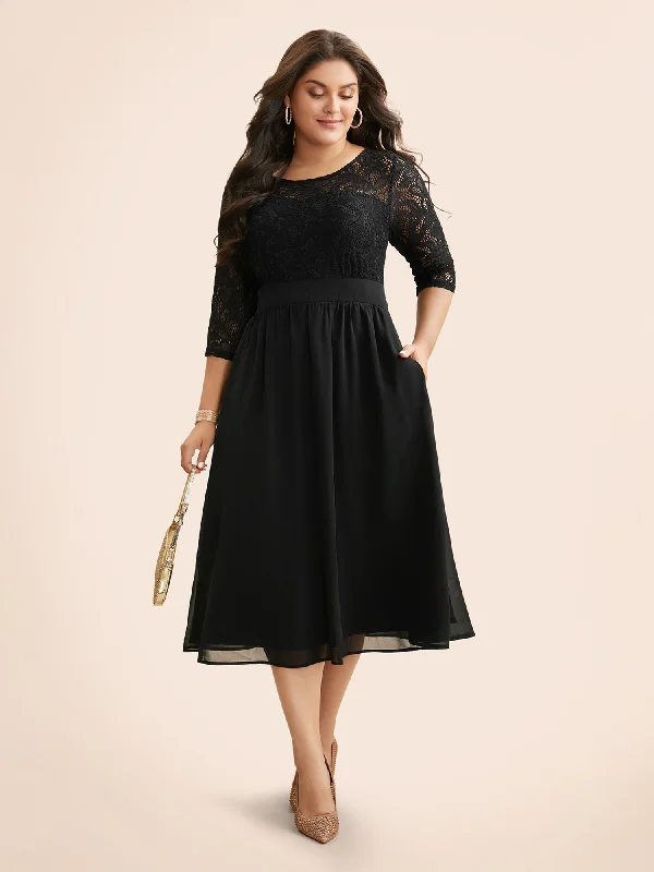 Lace Patchwork Shirred Midi Pocket Dress Elegant Puff Sleeve Midi Dress