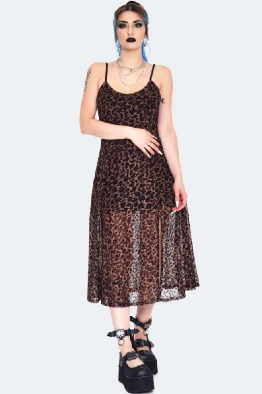 Leopard Print Midi Slip Dress Comfortable Short Sleeve Midi Dress