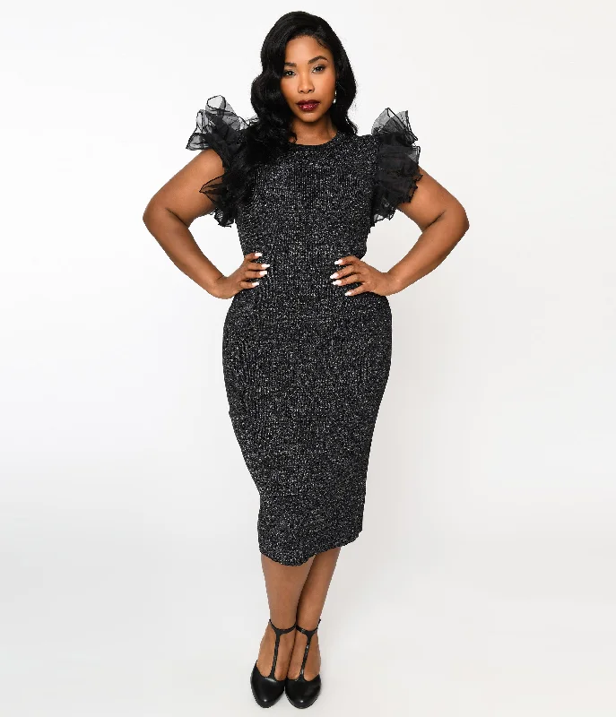 Metallic Black Ruffle Sleeved Knit Midi Wiggle Dress Trendy A-Line Midi Dress