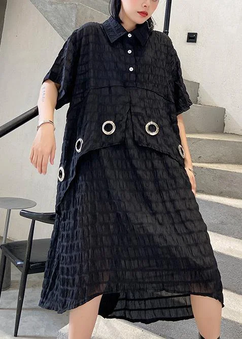 Modern black Cotton Tunic lapel low high design Midi summer Dress Stylish Cold Shoulder Midi Dress
