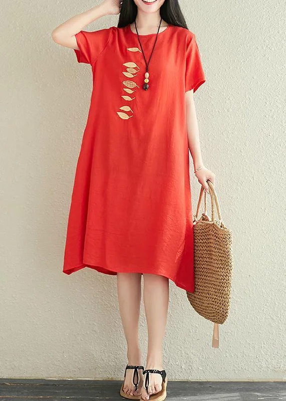 Modern red linen dress o neck embroidery Midi summer Dress Stylish Button-Down Midi Dress Modern red linen dress o neck embroidery Midi summer Dress Stylish Button-Down Midi Dress