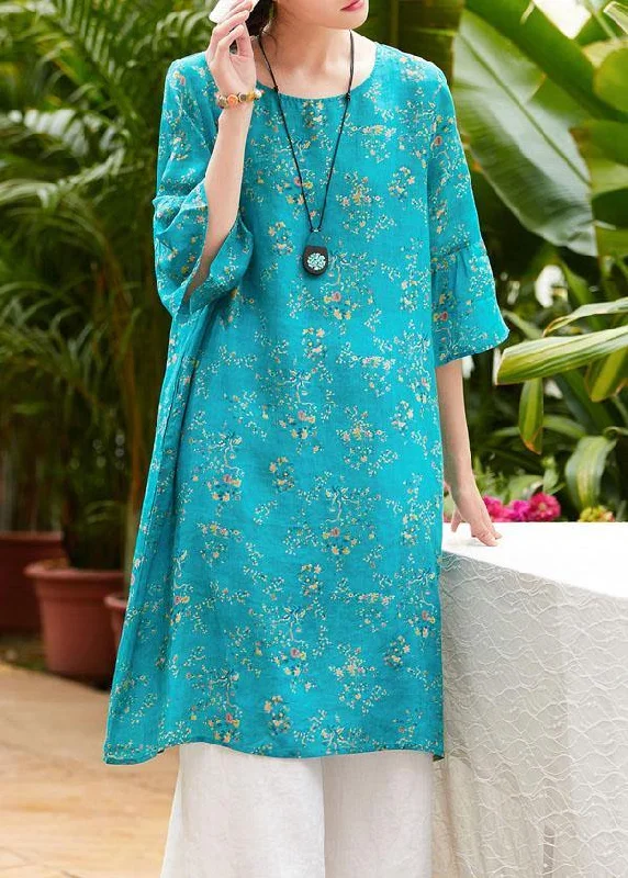 Natural blue print linen clothes o neck flare sleeve Midi summer Dress Fashionable Shift Midi Dress Natural blue print linen clothes o neck flare sleeve Midi summer Dress Fashionable Shift Midi Dress
