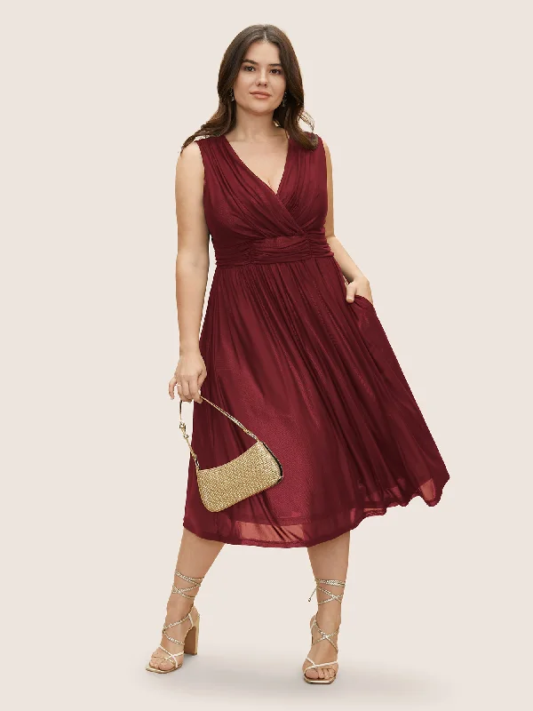 Solid Mesh Ruched Midi Tank Dress Comfortable Lace-Up Midi Dress