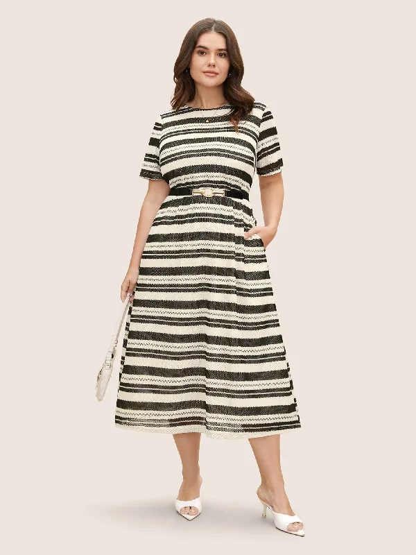 Striped Texture Crew Neck Midi Knit Dress Elegant Faux Wrap Midi Dress