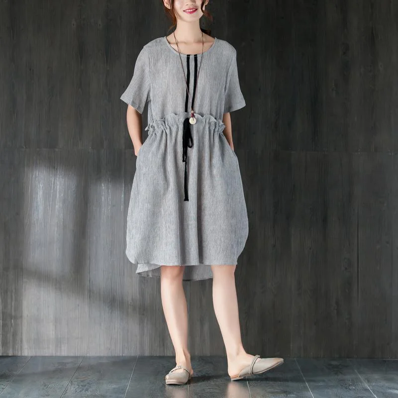 stylish Midi cotton dresses Loose fitting Gray Women Summer Dress with Ruffles and Ribbon Elegant Satin Midi Dress stylish Midi cotton dresses Loose fitting Gray Women Summer Dress with Ruffles and Ribbon Elegant Satin Midi Dress