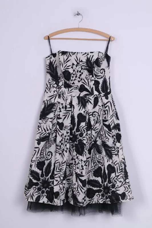 Florence + Fred Womens 14 M Bandeau Skater Dress Printed White Black Cotton Midi Trendy Off-Shoulder Button Midi Dress Florence + Fred Womens 14 M Bandeau Skater Dress Printed White Black Cotton Midi Trendy Off-Shoulder Button Midi Dress