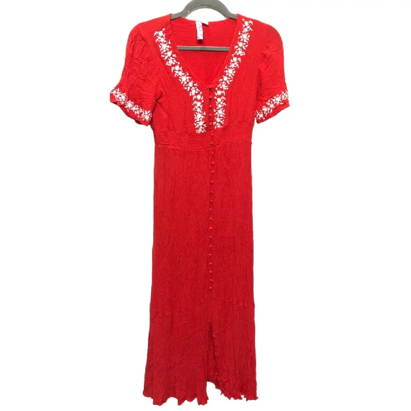 Red & White Dress Casual Midi Alya, Size S Trendy Ruffle Hem Midi Dress