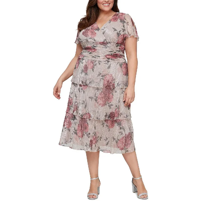 SLNY Womens Plus Ruffle Midi Fit & Flare Dress Trendy Smocked Waist Midi Dress