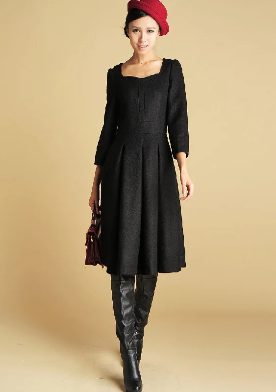 Wool Tailored Black Dress - Midi Length Structured Dress with Sweetheart Neckline (393) Trendy Long Sleeve Midi Dress Wool Tailored Black Dress - Midi Length Structured Dress with Sweetheart Neckline (393) Trendy Long Sleeve Midi Dress