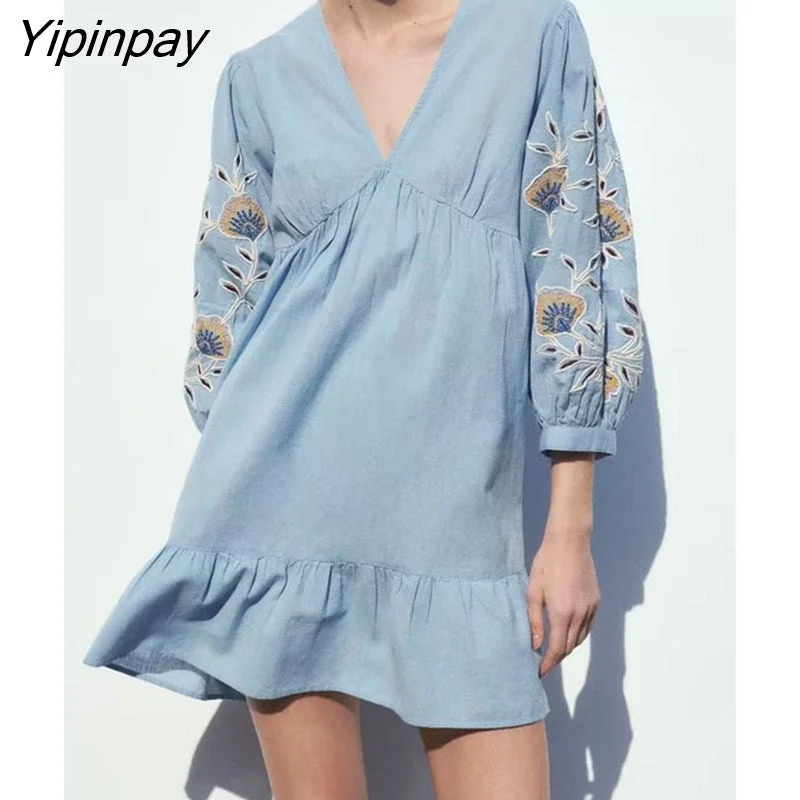 Yipinpay Fashin Women Embroidery Mini Dresses 2023 Summer Elegant V-neck Loose Solid Dress Causal A-line Long Sleeve Vestidos Stylish Ribbed Mini Dress Yipinpay Fashin Women Embroidery Mini Dresses 2023 Summer Elegant V-neck Loose Solid Dress Causal A-line Long Sleeve Vestidos Stylish Ribbed Mini Dress