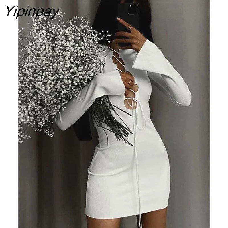 Yipinpay Women's Solid Flared Sleeve Y2K Ribbed Knitted Mini Dresses Female Sexy Hollow Out Slim Dresses Fashion High Street Robe Cozy Cowl Neck Mini Dress Yipinpay Women's Solid Flared Sleeve Y2K Ribbed Knitted Mini Dresses Female Sexy Hollow Out Slim Dresses Fashion High Street Robe Cozy Cowl Neck Mini Dress
