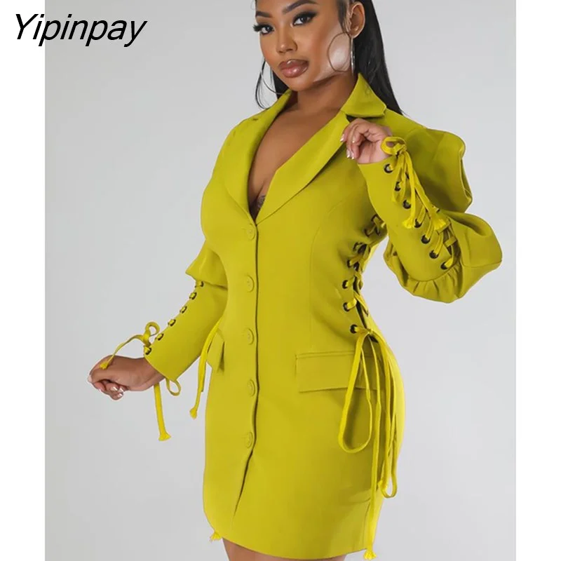 Yipinpay Vintage Lace Up Puff Sleeve Female Mini Dress V Neck Single Breasted Bodycon Dresses Sexy Pockets Sexy Suit Fabric Robe Fashionable Mini Dress with Pockets Yipinpay Vintage Lace Up Puff Sleeve Female Mini Dress V Neck Single Breasted Bodycon Dresses Sexy Pockets Sexy Suit Fabric Robe Fashionable Mini Dress with Pockets