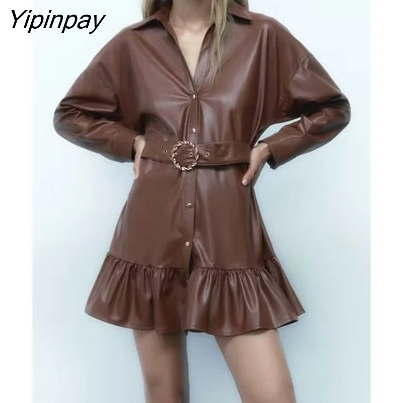 Yipinpay Elegant Women Faux Leather Mini Dresses With Belt Solid Turn Down Collar Dresses Fashion Vintage Long Sleeve Vestidos Comfortable Ruffle Mini Dress Yipinpay Elegant Women Faux Leather Mini Dresses With Belt Solid Turn Down Collar Dresses Fashion Vintage Long Sleeve Vestidos Comfortable Ruffle Mini Dress