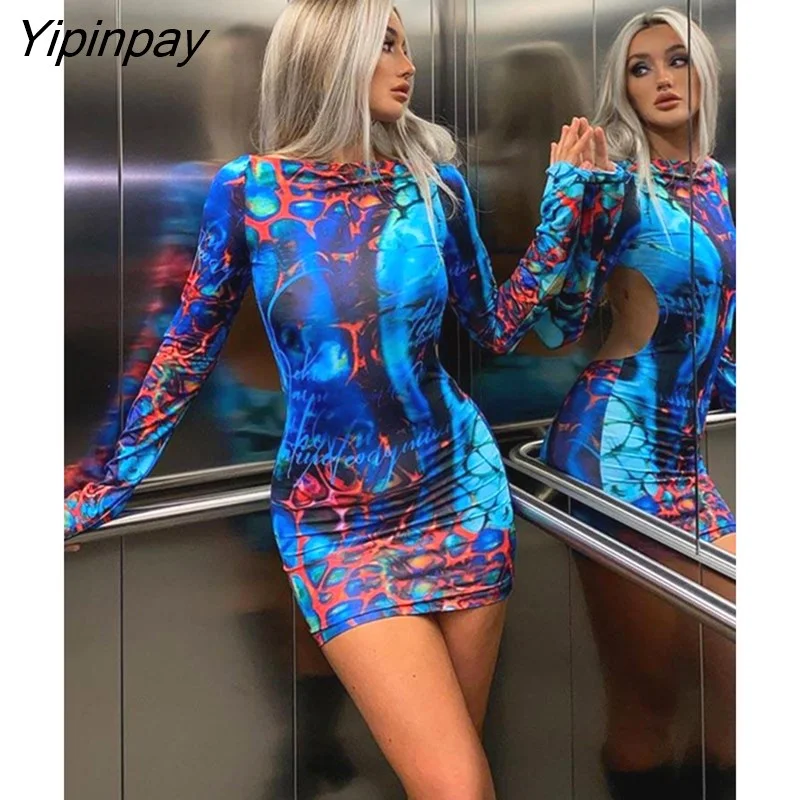 Yipinpay Women Sexy Cut Out Backless Mini Dress Ladies Vintage Print Full Sleeves Slim Dresses 2023 Summer Female Fashion Streetwear Chic Mini Dress with V-Neck Yipinpay Women Sexy Cut Out Backless Mini Dress Ladies Vintage Print Full Sleeves Slim Dresses 2023 Summer Female Fashion Streetwear Chic Mini Dress with V-Neck