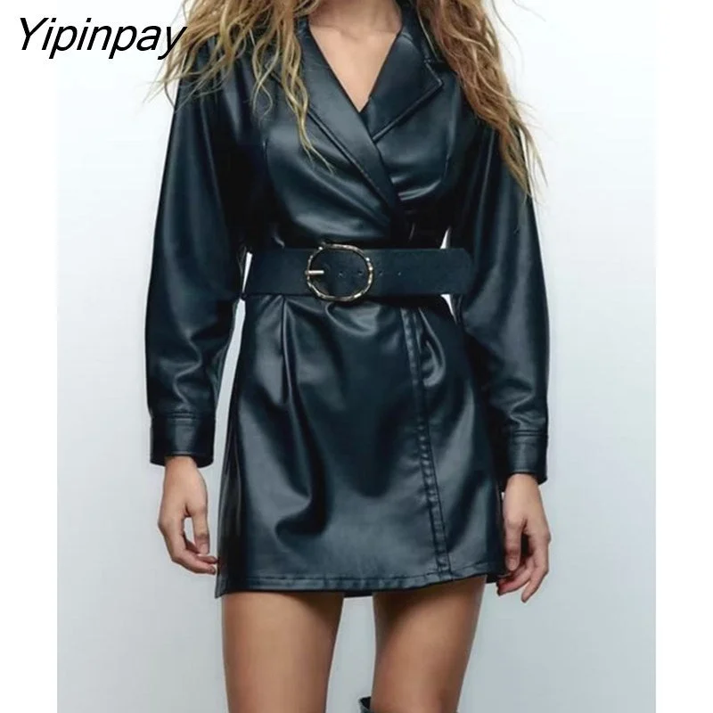Yipinpay 2023 Women Notched PU Leather Mini Dress Autumn Winter Fashion Office Lady Long Sleeve Blazer Style Elegant Vestidos Elegant Lace-Up Mini Dress Yipinpay 2023 Women Notched PU Leather Mini Dress Autumn Winter Fashion Office Lady Long Sleeve Blazer Style Elegant Vestidos Elegant Lace-Up Mini Dress