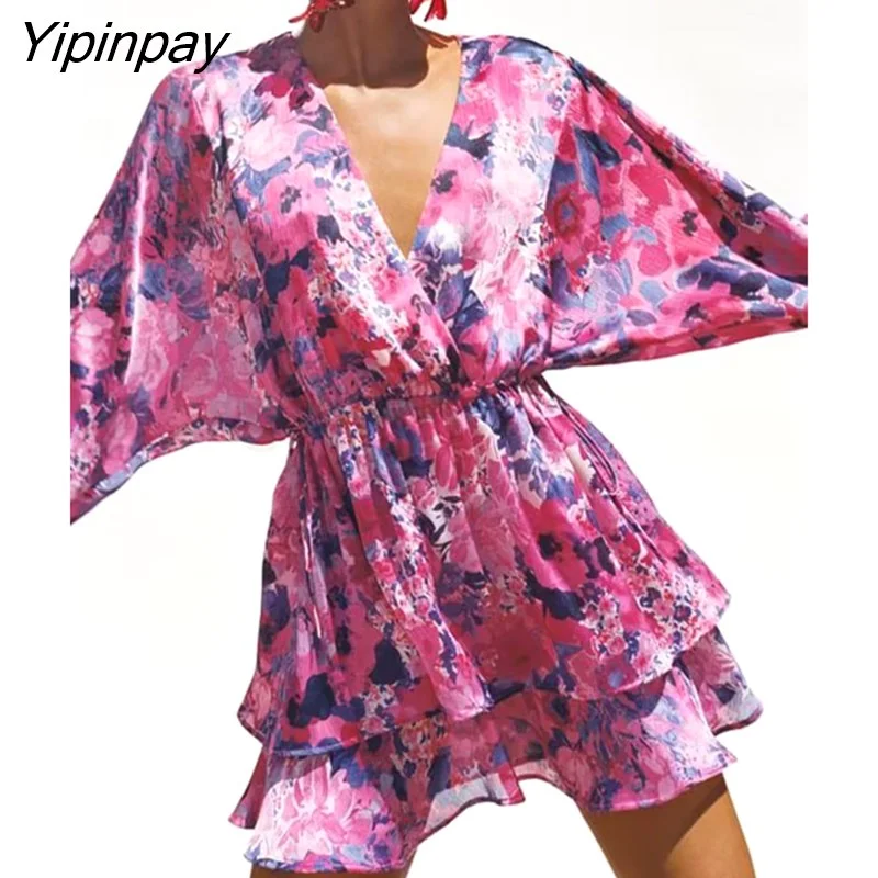 Yipinpay Summer Women Floral Printed Dresses 2023 Elegant V-neck Elastic Waist Mini Dress A-line Batwing Sleeve Party Vestidos Casual Button-Up Mini Dress Yipinpay Summer Women Floral Printed Dresses 2023 Elegant V-neck Elastic Waist Mini Dress A-line Batwing Sleeve Party Vestidos Casual Button-Up Mini Dress