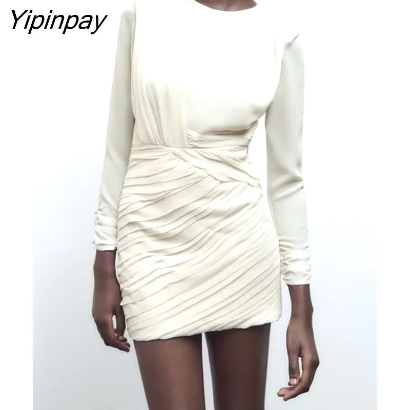 Yipinpay 2023 Summer Women Pleated Dresses Fashion Sheath O-neck Mini Dresses Long Sleeve Sheath Folds Vestidos Two Colors Fashionable Summer Mini Dress Yipinpay 2023 Summer Women Pleated Dresses Fashion Sheath O-neck Mini Dresses Long Sleeve Sheath Folds Vestidos Two Colors Fashionable Summer Mini Dress