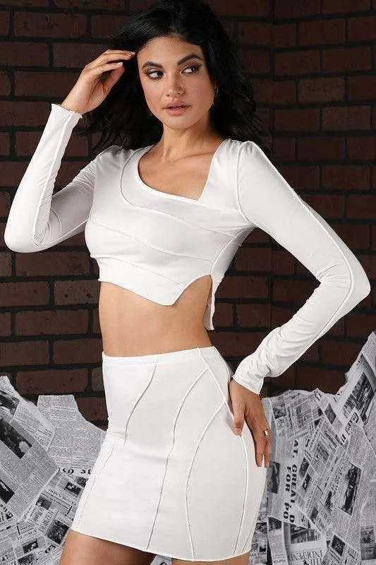 SEAM DETAILED CROP TOP WITH MINI SKIRT SET Terry Blend Velvet Blend Canvas Blend