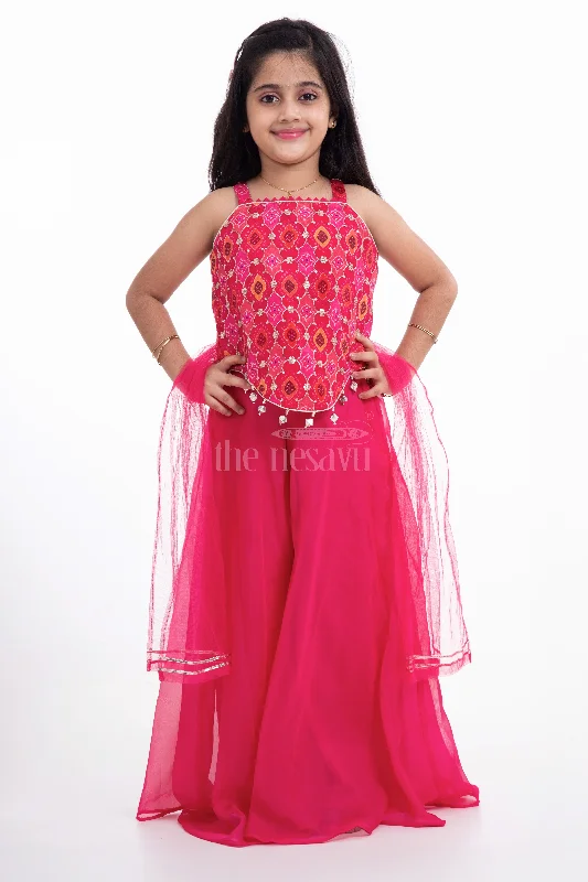 Nesavu Pure Georgette Crop Top with Plazo Set for Girls Navratri and Diwali Special Ribbed Striped Patterned Nesavu Pure Georgette Crop Top with Plazo Set for Girls Navratri and Diwali Special Ribbed Striped Patterned
